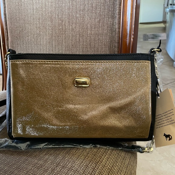 Emma Fox Leather Black and Shimmer Gold Crossbody NWT 10 X 6.5 - Picture 3 of 15
